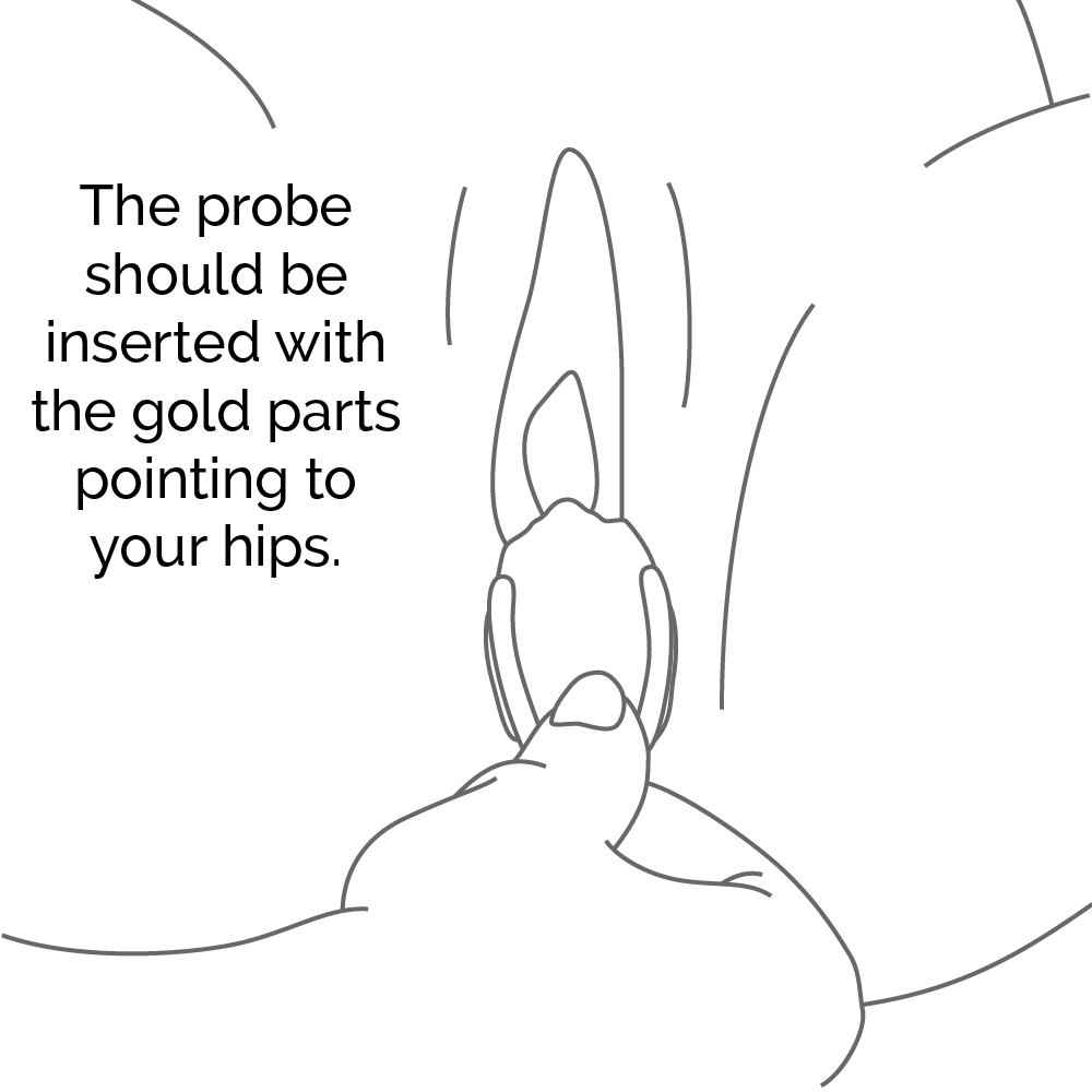 The probe should be inserted with the gold parts pointing to your hips